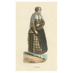 Grabado antiguo coloreado a mano de una mujer de Frisia, Países Bajos, ca.1840