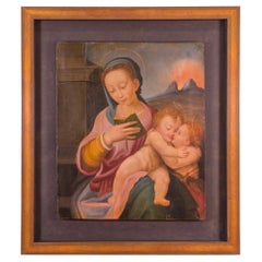 Antique The Madonna with Christ Child and the Infant St. John the Baptist, Hand Painted