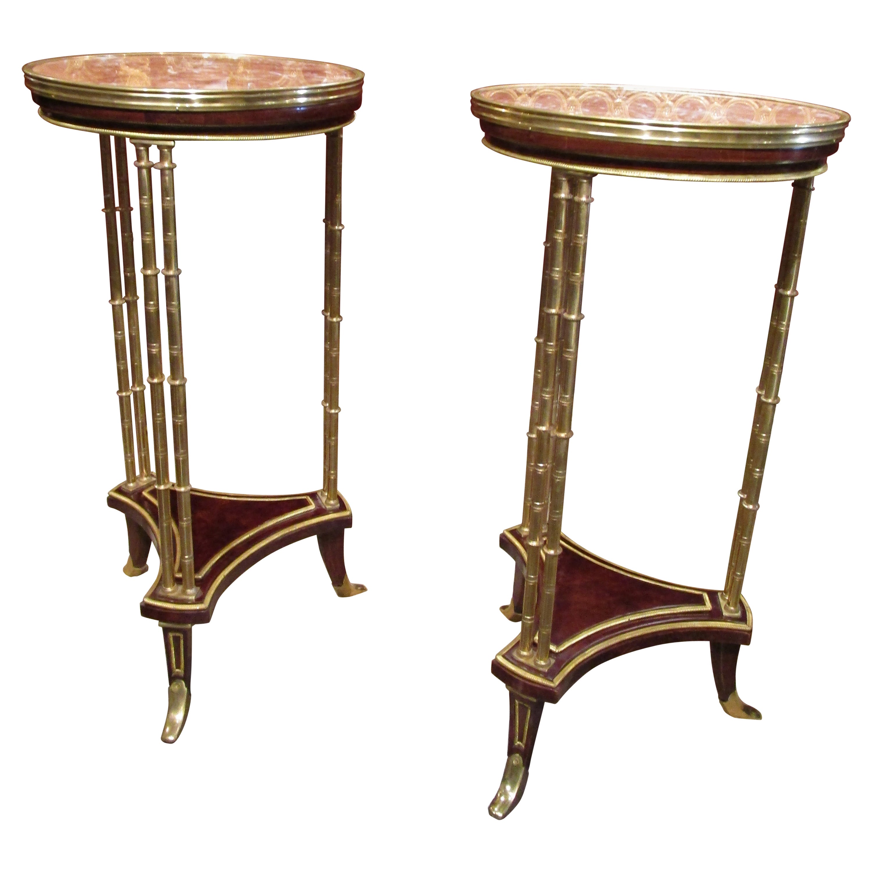 Fine Pair of French  Gueridon's after Weisweiler Mahogany and Gilt Bronze For Sale