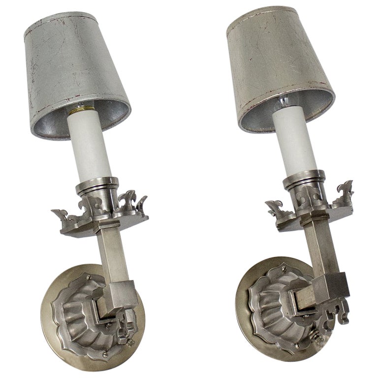 Early 20th Century Gothic Satin Nickel Sconces, a Pair