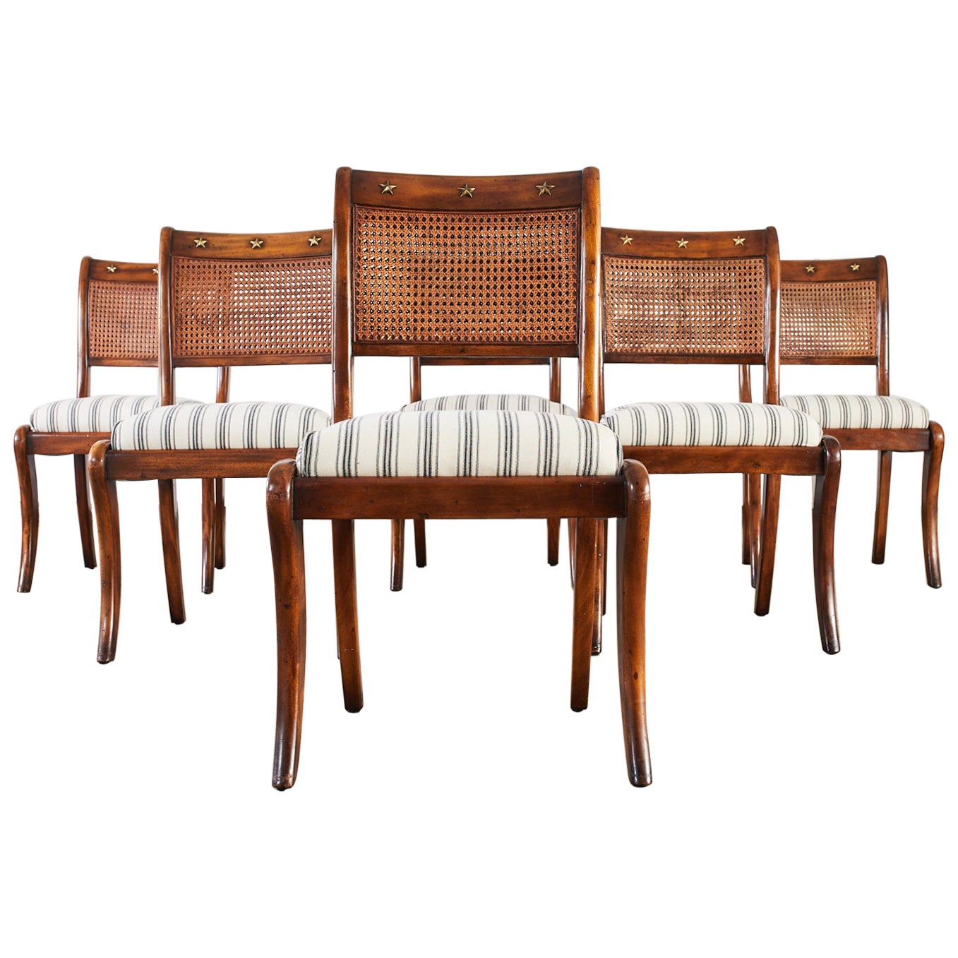 Set of Six English Regency Style Walnut Cane Dining Chairs