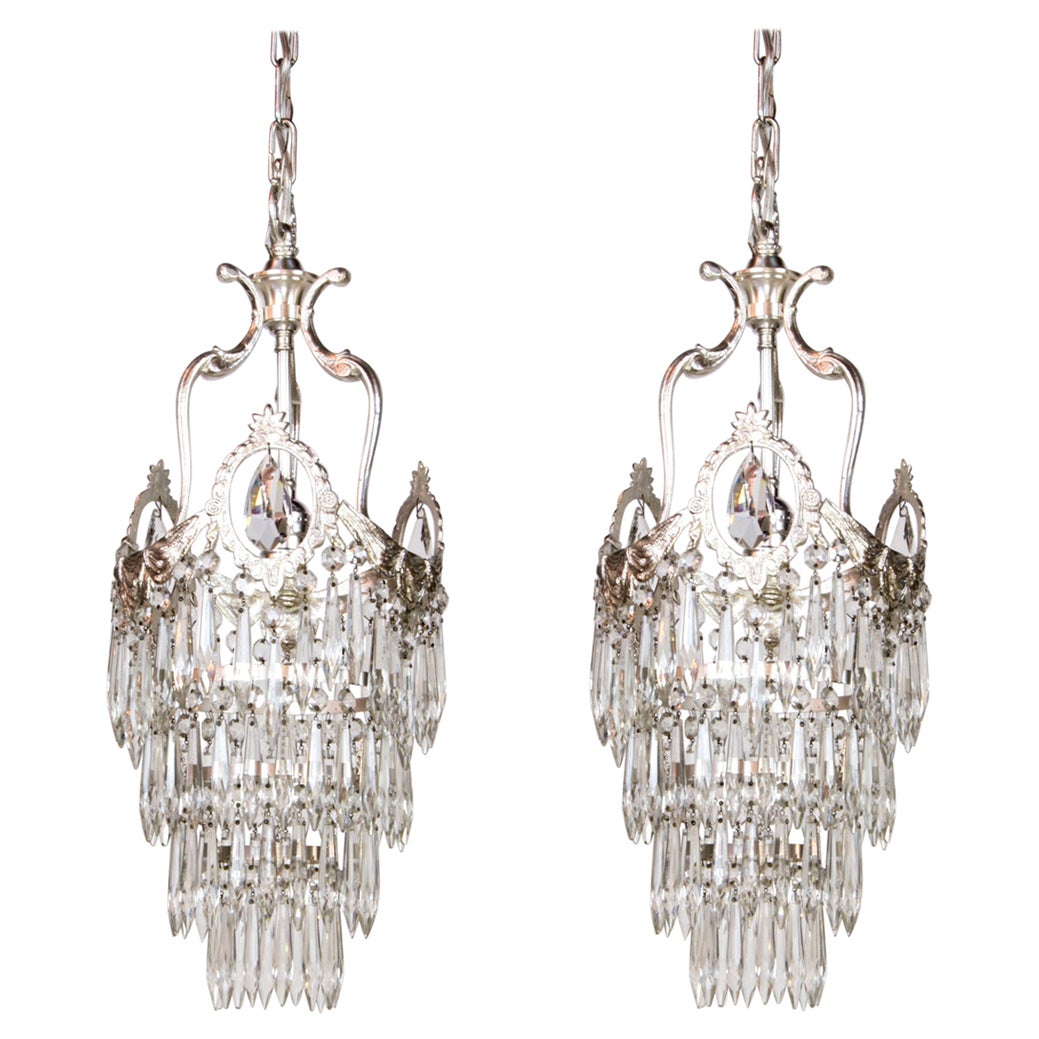Early 20th Century Tiered Silver and Crystal Pendants, a Pair