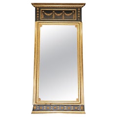 Vintage Ebonized French Empire Gilded Tall Narrow Wall Mirror, Cira 1970