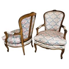 French Provincial Louis XV Down Cushions Fauteuil Armchairs - Set of 2