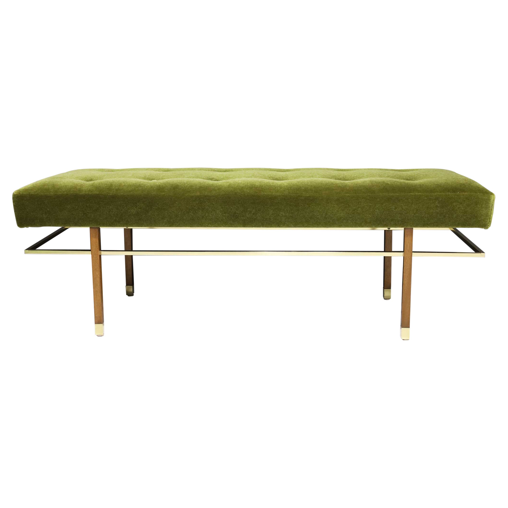 Harvey Probber Bench in Mahogany, Brass and Lush Green Mohair