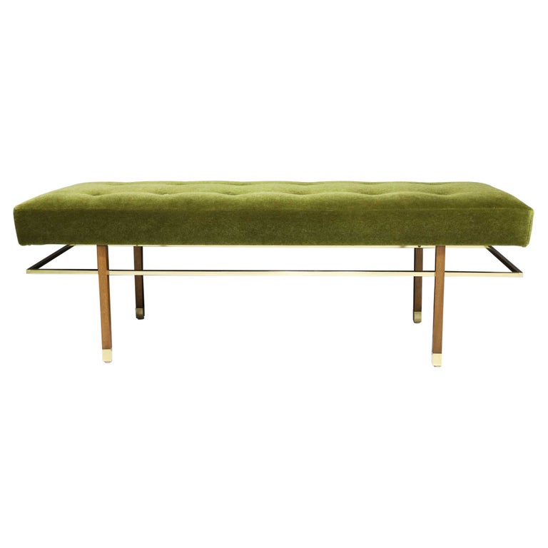 Harvey Probber Bench in Mahogany, Brass and Lush Green Mohair For Sale