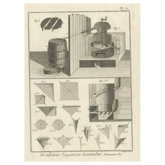 Original Antique Print Depicting the Distillation of Alcohol, 1751