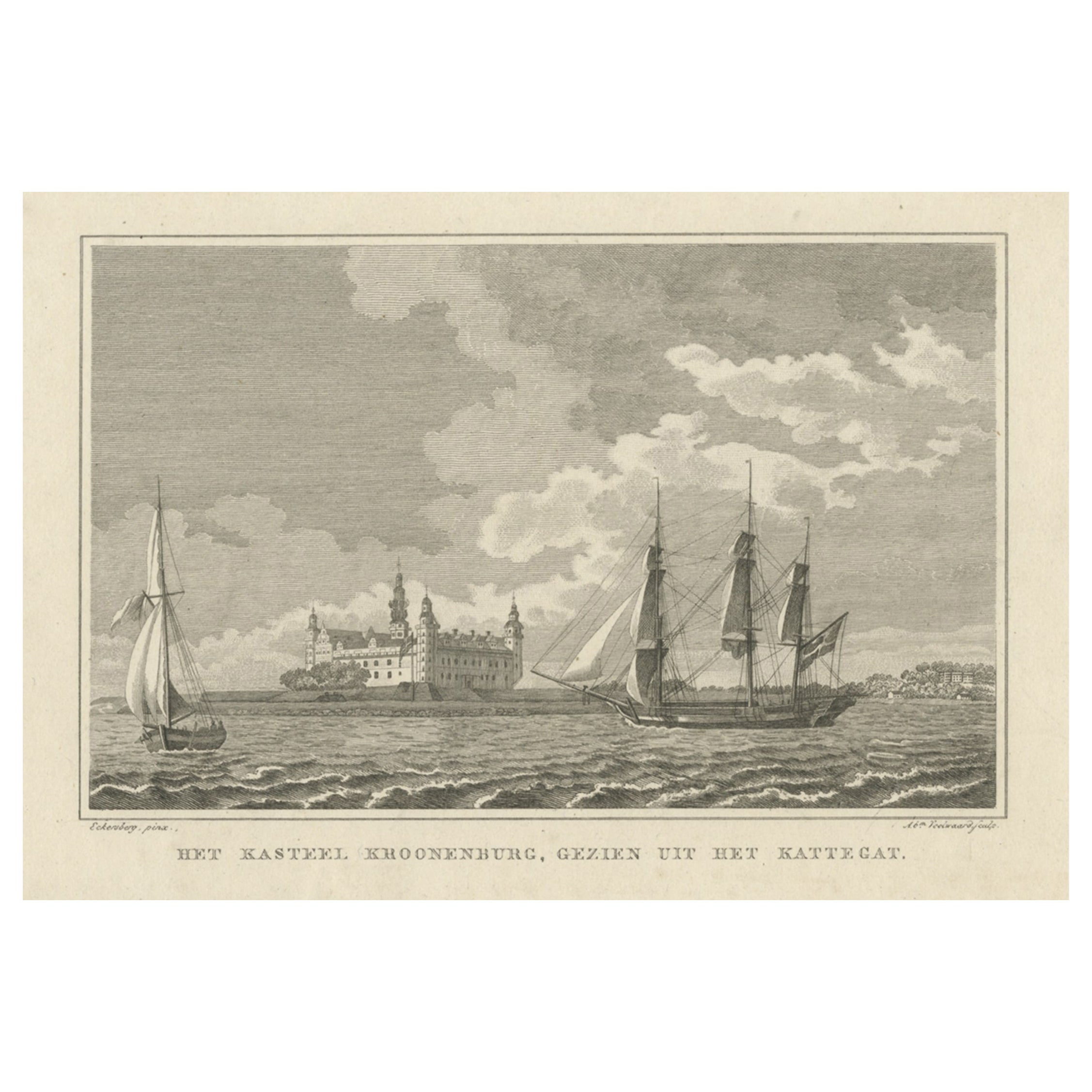 Original Antique Print with a View of Kronborg Castle, Seeland, Denmark, 1826