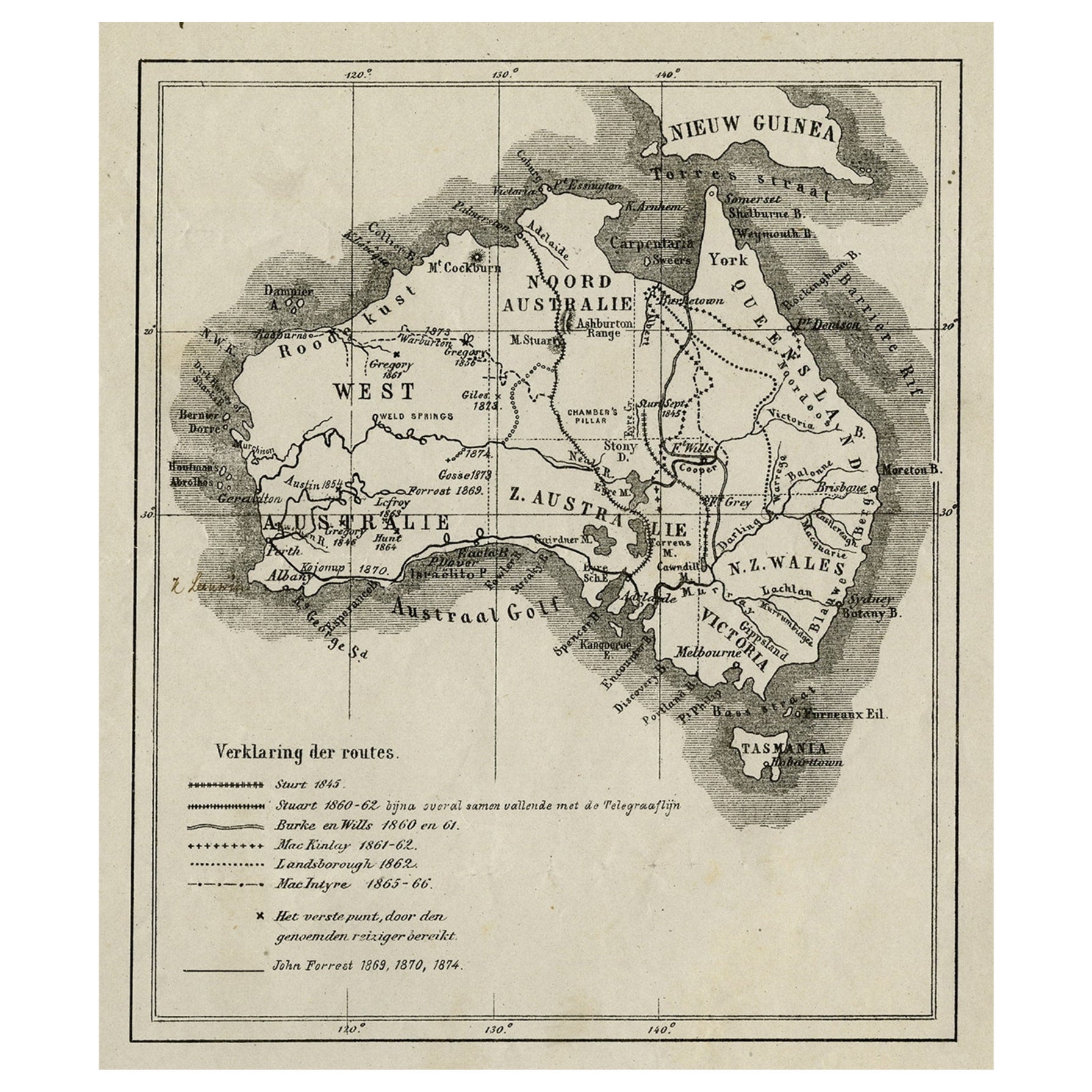 Old Map of Australia Showing The Routes of the Main Explorers, ca.1900 For Sale