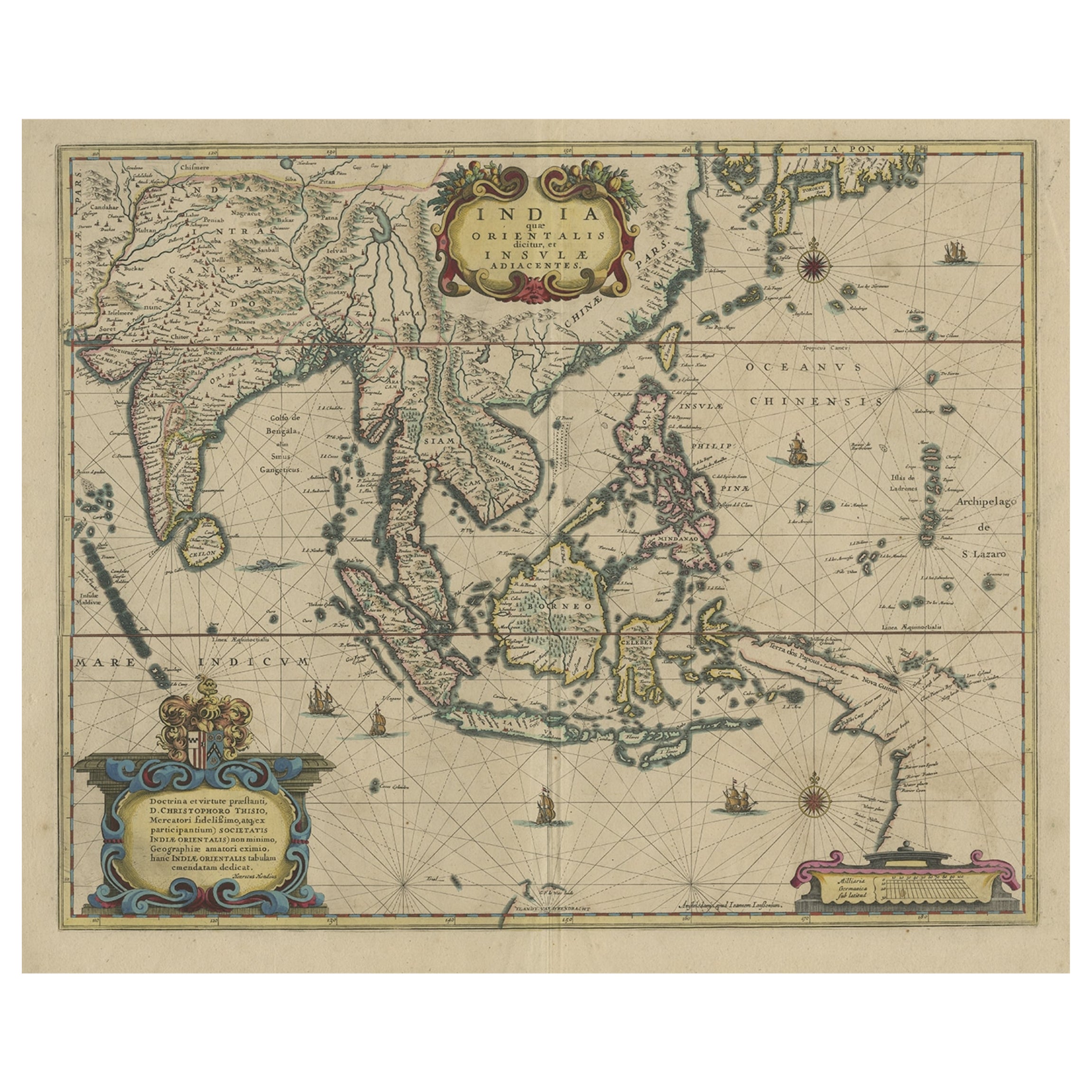 Antike handkolorierte antike Karte von Ostindien und Südostasien, um 1644