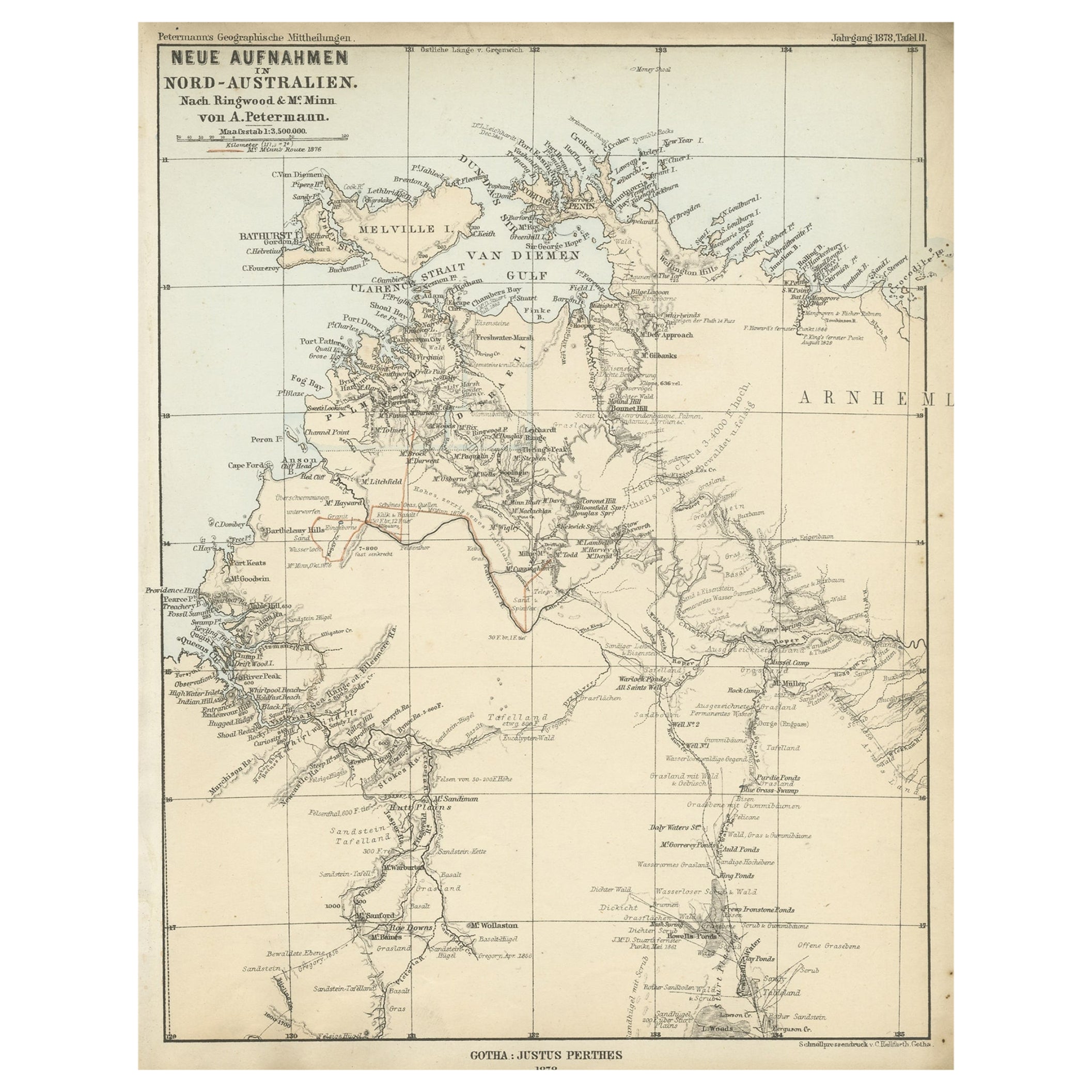 Carte de l'Australie du Nord avec les routes des explorateurs Ringwood and Mc Minn, 1878