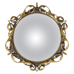 Vintage Art Nouveau English Brass Convex Mirror, Circa 1930