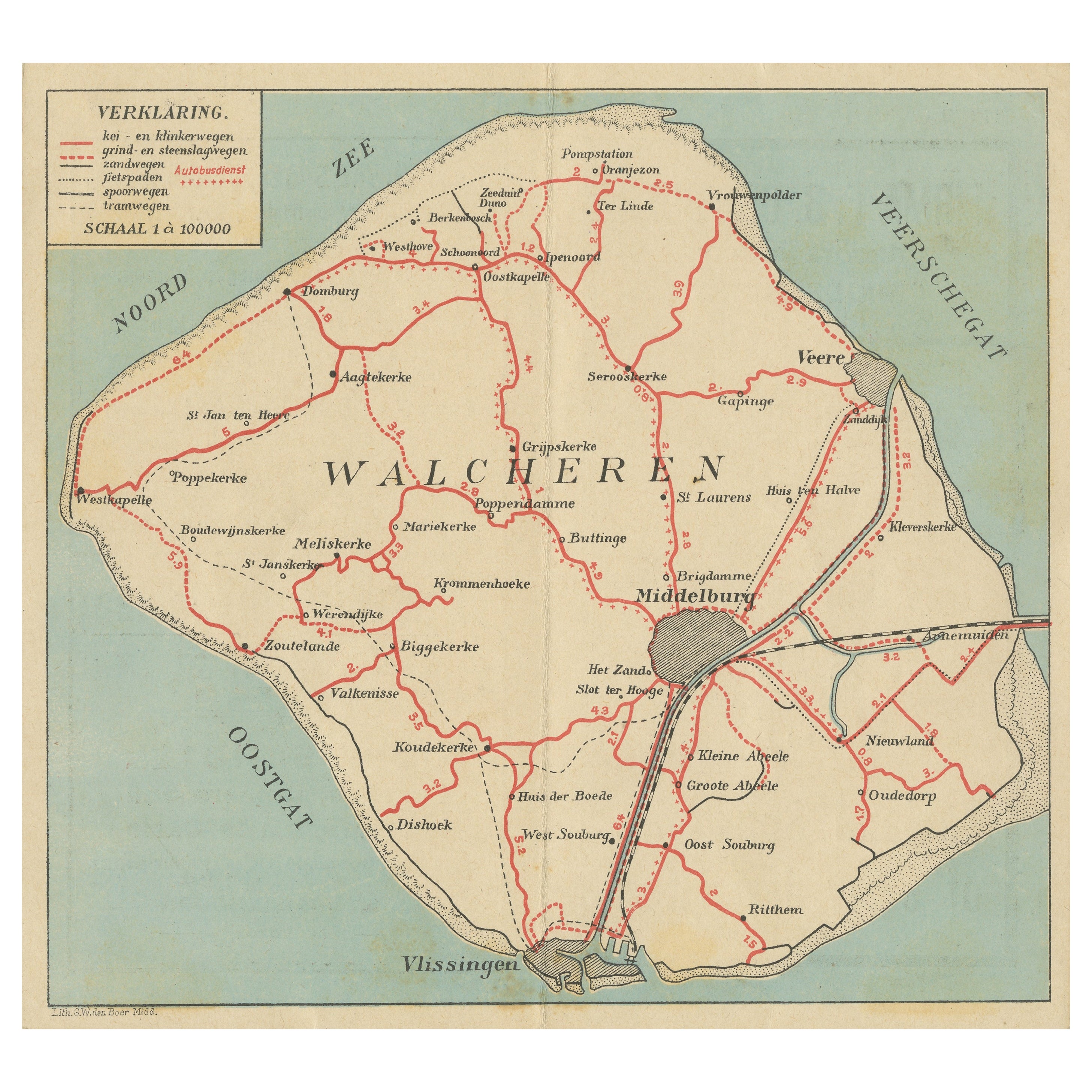 Antique Map of Walcheren in the Province of Zeeland, the Netherlands, ca.1910