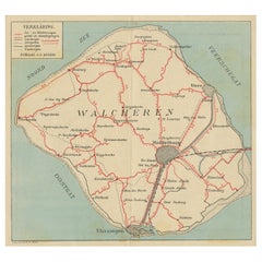 Antique Map of Walcheren in the Province of Zeeland, the Netherlands, ca.1910