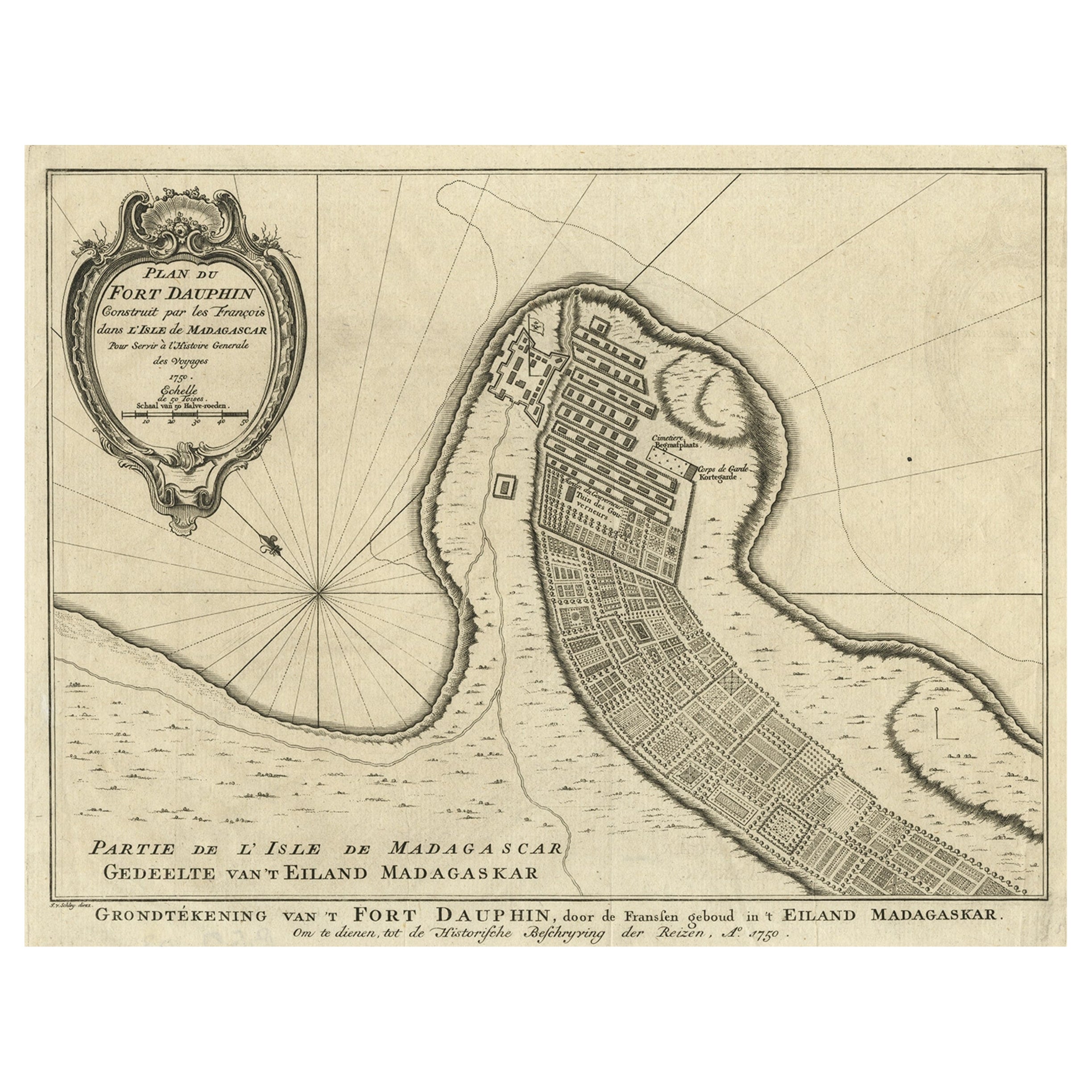 Antikes Plan von Fort Dauphin an Madagaskar an der Ostküste Afrikas, 1756 im Angebot
