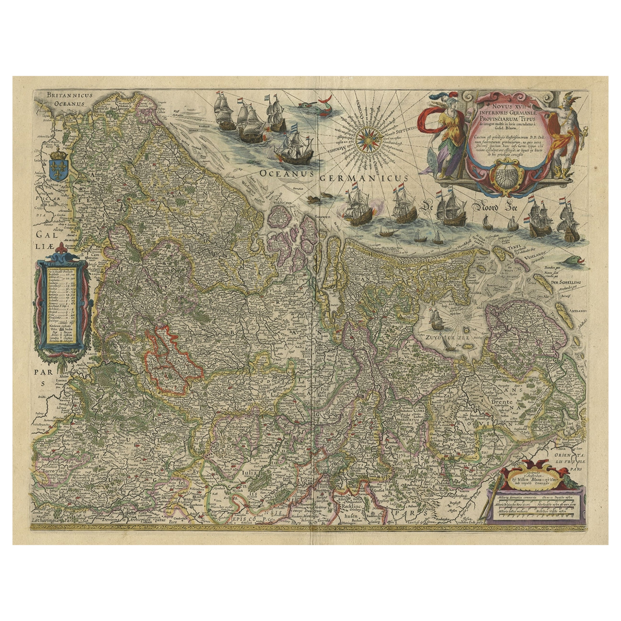 Belle carte ancienne détaillée des Pays-Bas du Bas par le célèbre ébéniste Blaeu, vers 1635