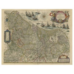 Antique Handsome Old Detailed Map of the Low Countries by Famous Mapmaker Blaeu, ca.1635