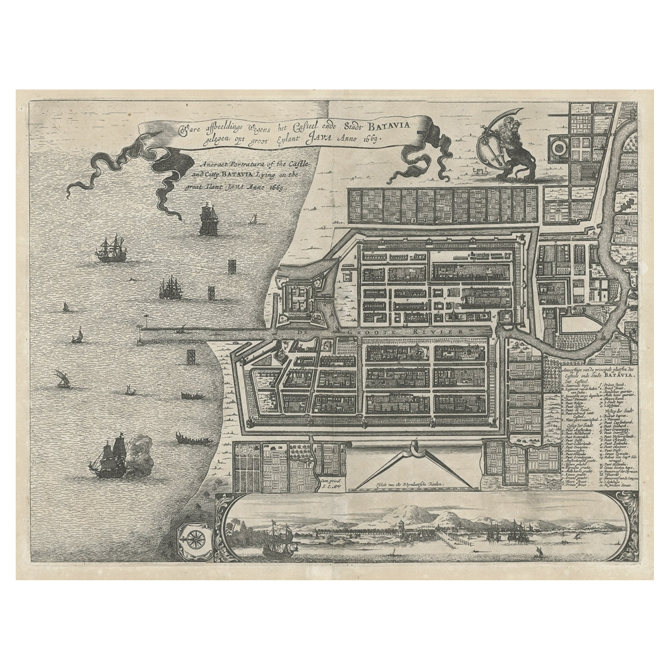 Antique Plan of the Castle & City of Batavia 'Jakarta' on Java, Indonesia, c1669 For Sale