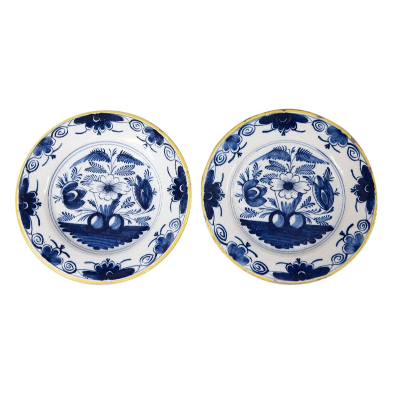 Pair of Antique 18th Century Dutch Delft Faience Floral Plates For Sale