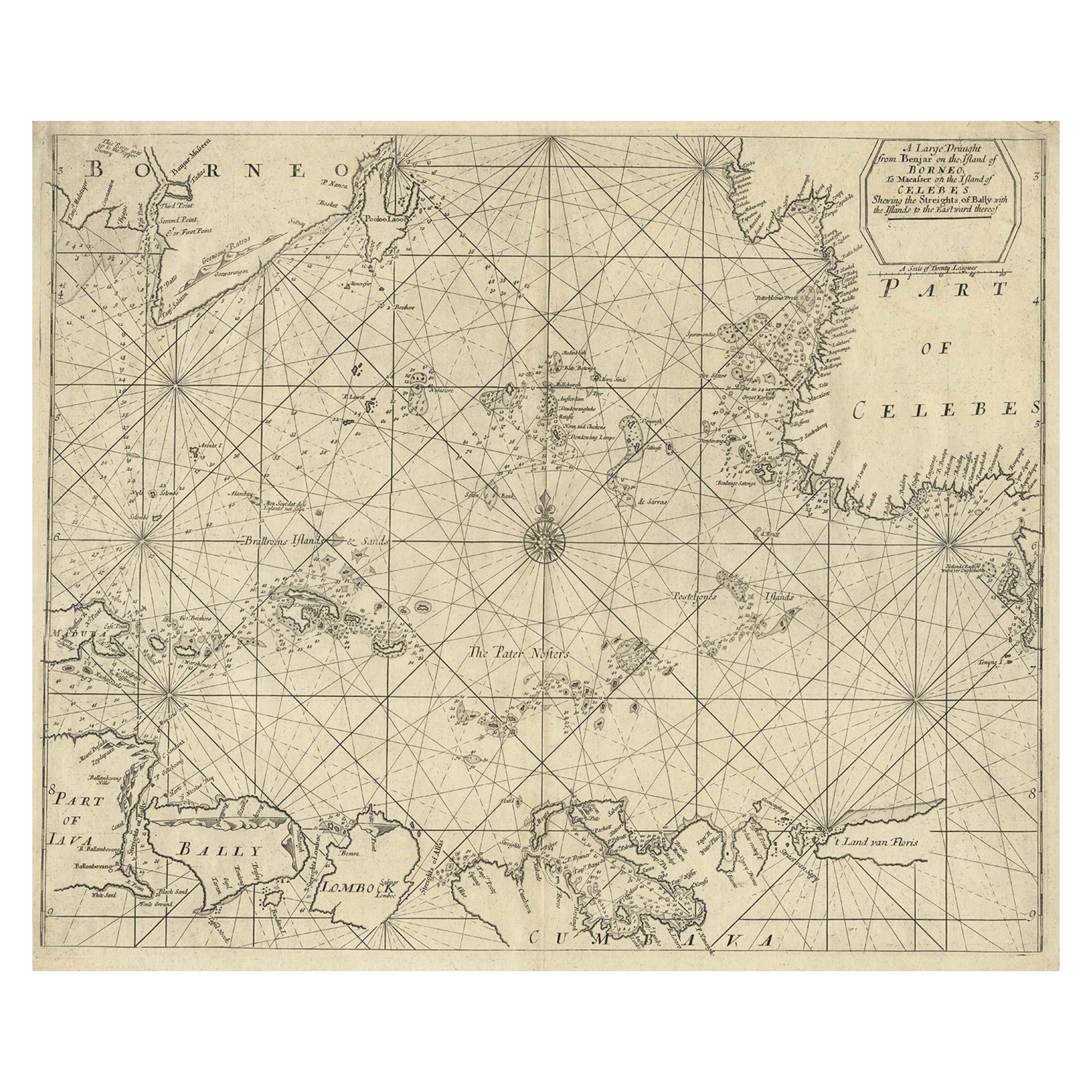 Rare Antique English SeaChart of Bali, Lombok, Floris, Borneo, Celebes etc, 1711