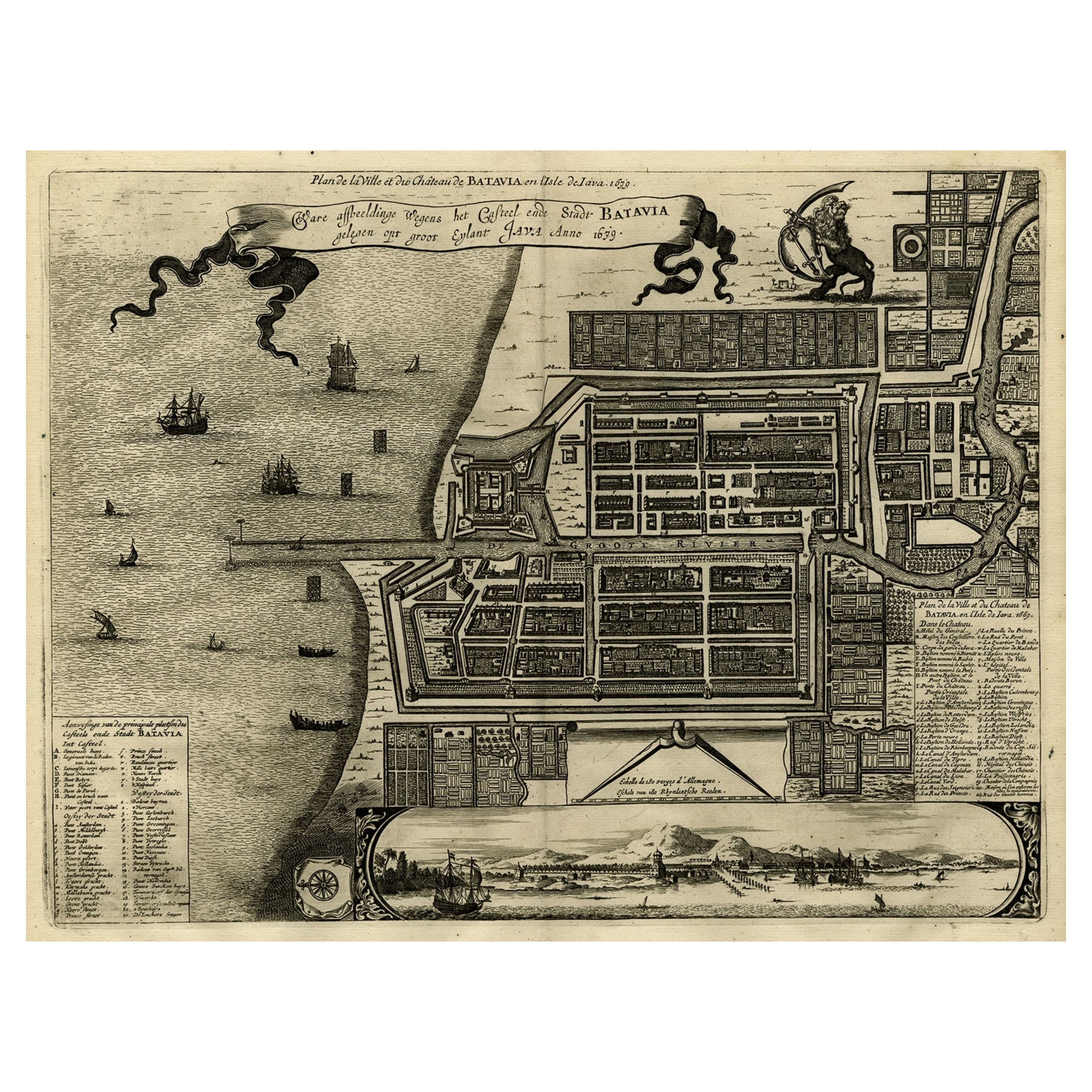 Carte ancienne de Batavia, Antiquités des Indes orientales néerlandaises, Aujourd'hui Jakarta, Indonésie, vers 1669