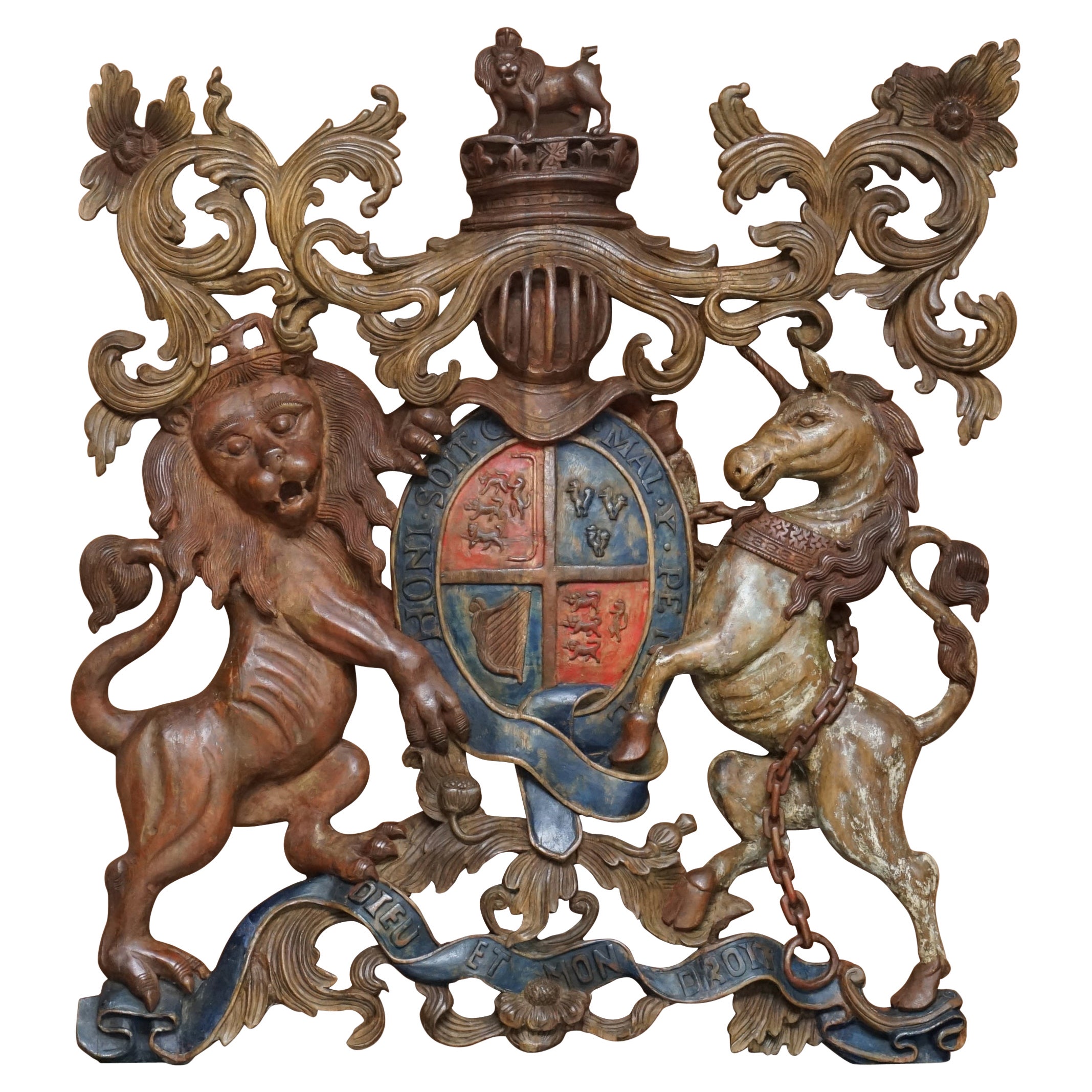 Royal circa 1707-1714 Hand Carved Polychrome Painted Armorial Crest Coat of Arms For Sale
