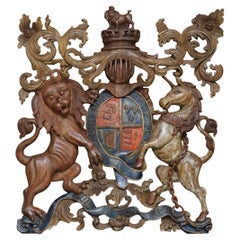 Royal circa 1707-1714 Hand Carved Polychrome Painted Armorial Crest Coat of Arms