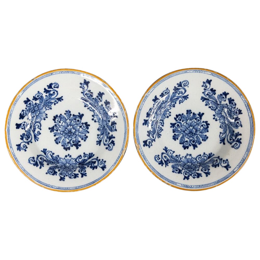 Antique 18th Century Dutch Delft Floral Plates, A Pair