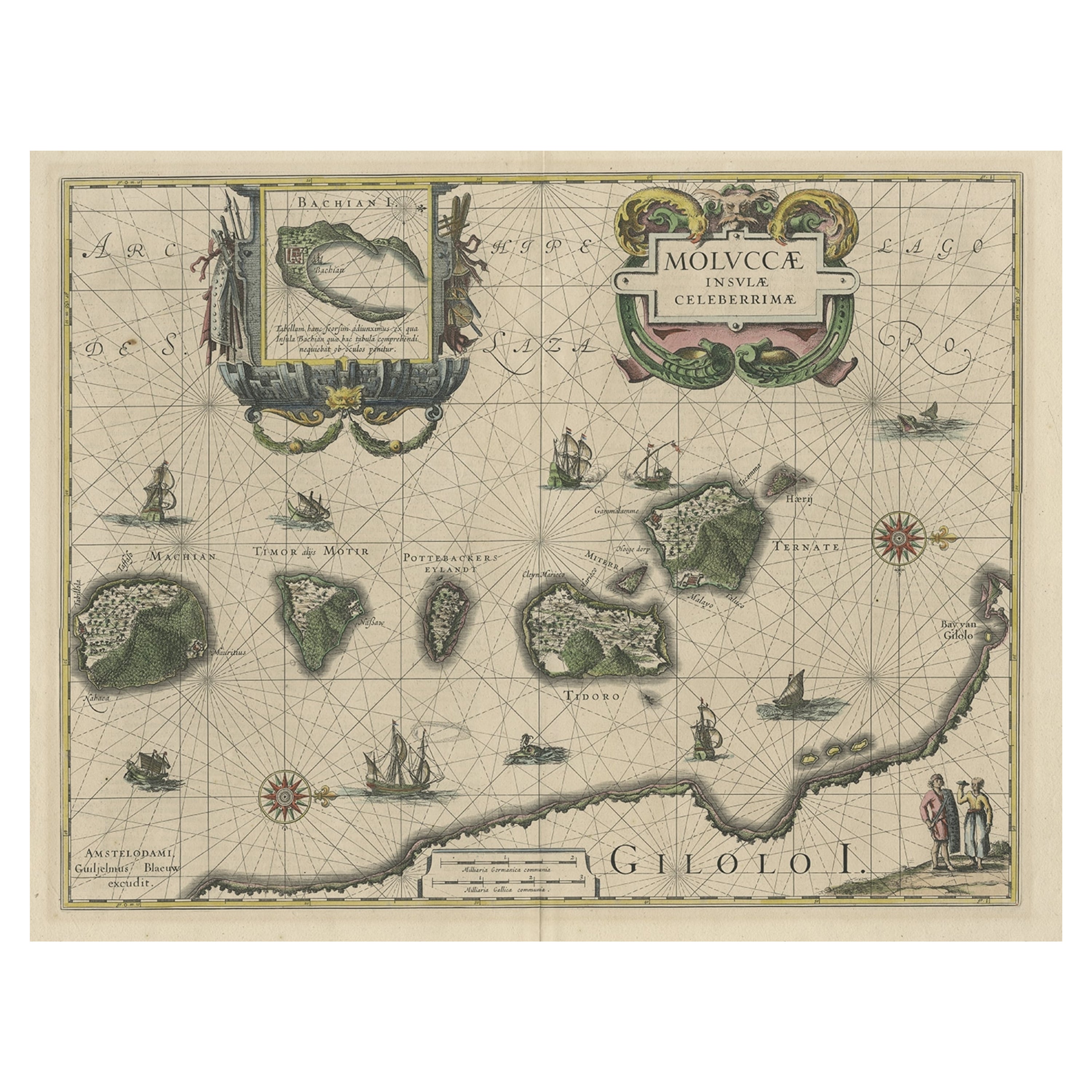 Dekorative Karte der Maluku- oder Moluccas- oder Spice-Inseln, Indonesien, ca. 1640 im Angebot