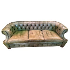 Original Vintage Green Leather Chesterfield Three Seater Sofa Green Faded