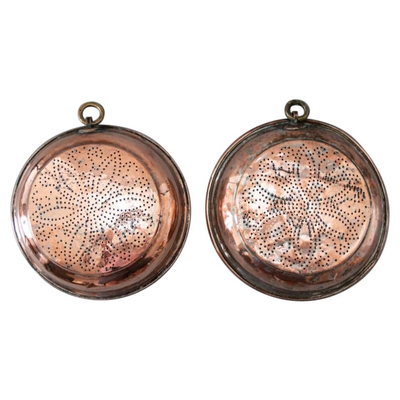 Pair of English Georgian Copper Wall Hanging Sieves Colanders For Sale