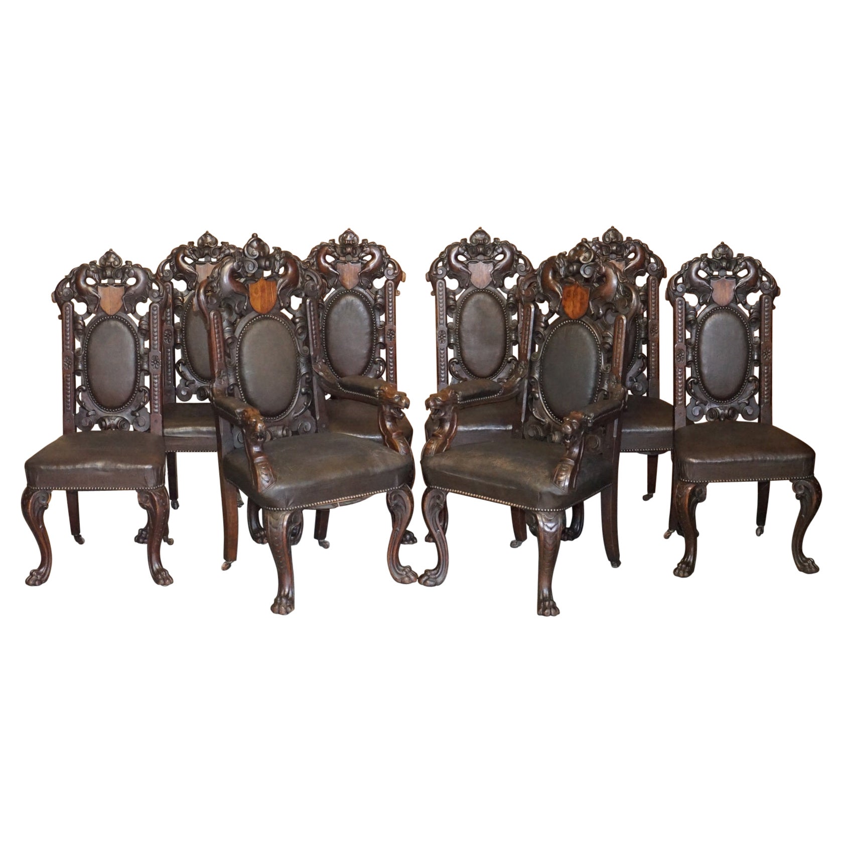 Winston Churchill Linked Harry Warren House Eight Antique Dining Carver Chairs For Sale