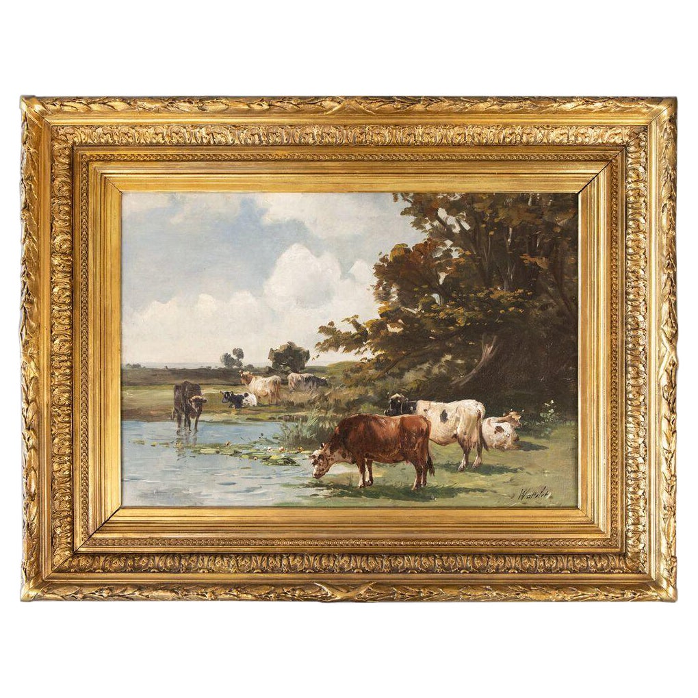 19th Century French Landscape with Cattle Watering Oil Painting, Signed