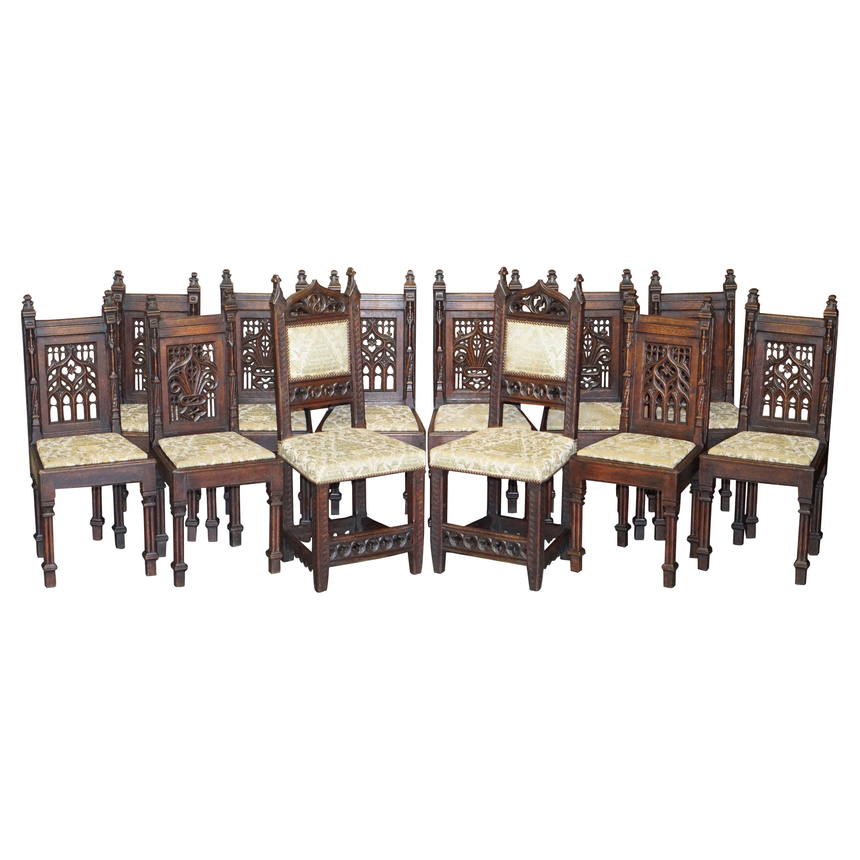Twelve Antique circa 1800 French Gothic Revival French Dining Chairs Very Fine