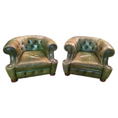 Original Vintage Green Leather Chesterfield Club Suite Armchair 