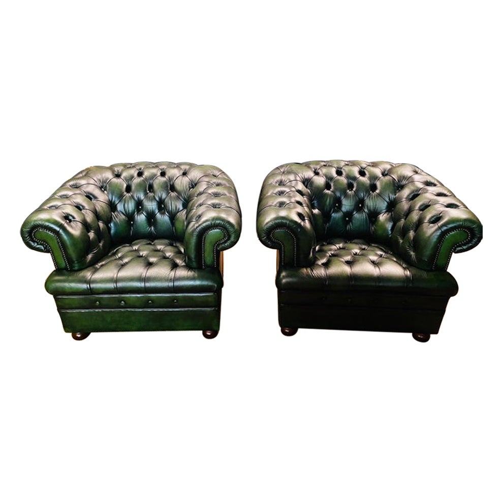 Original Vintage Green Leather Chesterfield Club Suite Armchairs