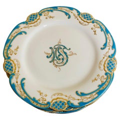 Set of Six Minton Dinner Plates With Aqua Enameling on their Borders and Centers