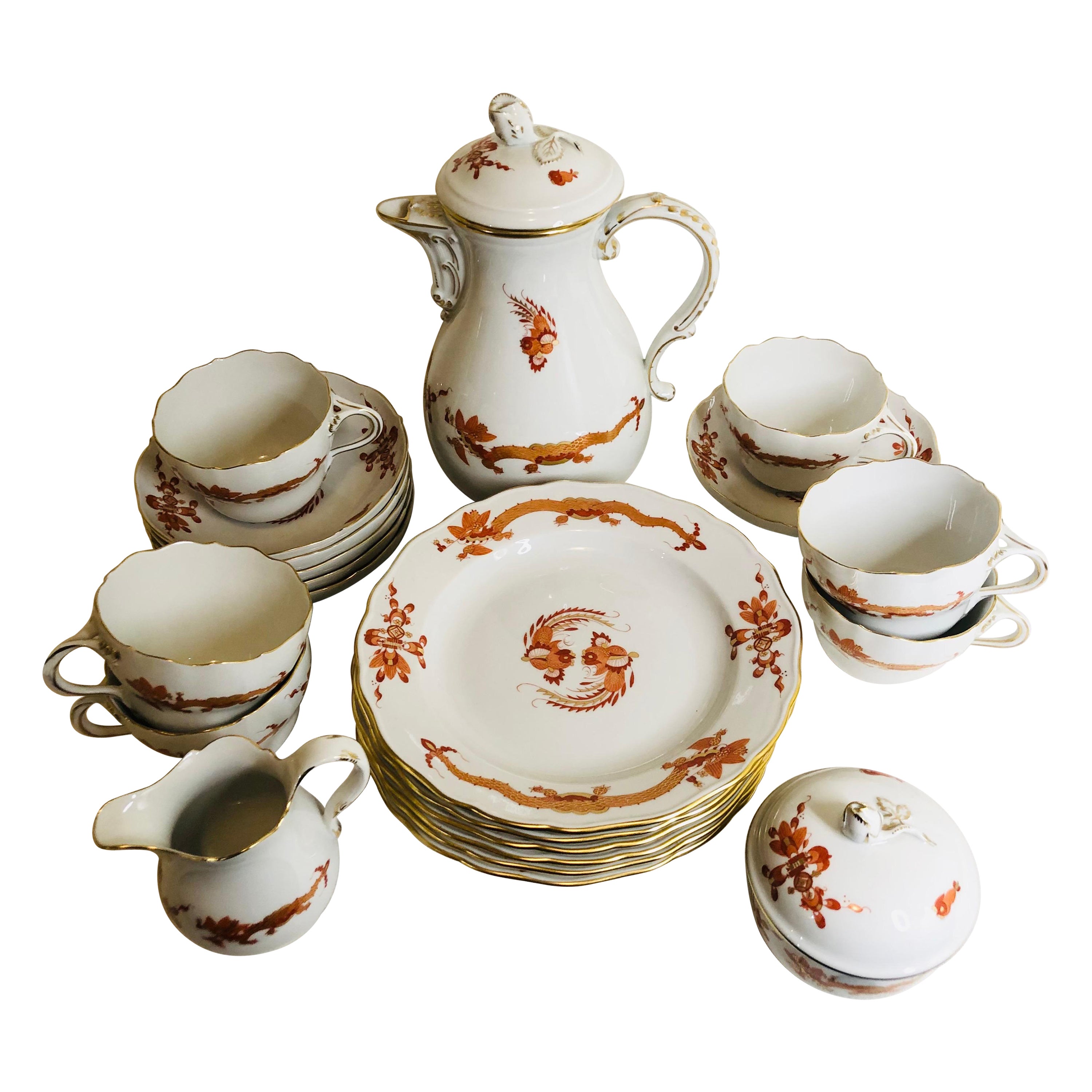 Meissen Rich Court Dragon Tea Set with Six Dessert Plates and 6 Cups & Saucers