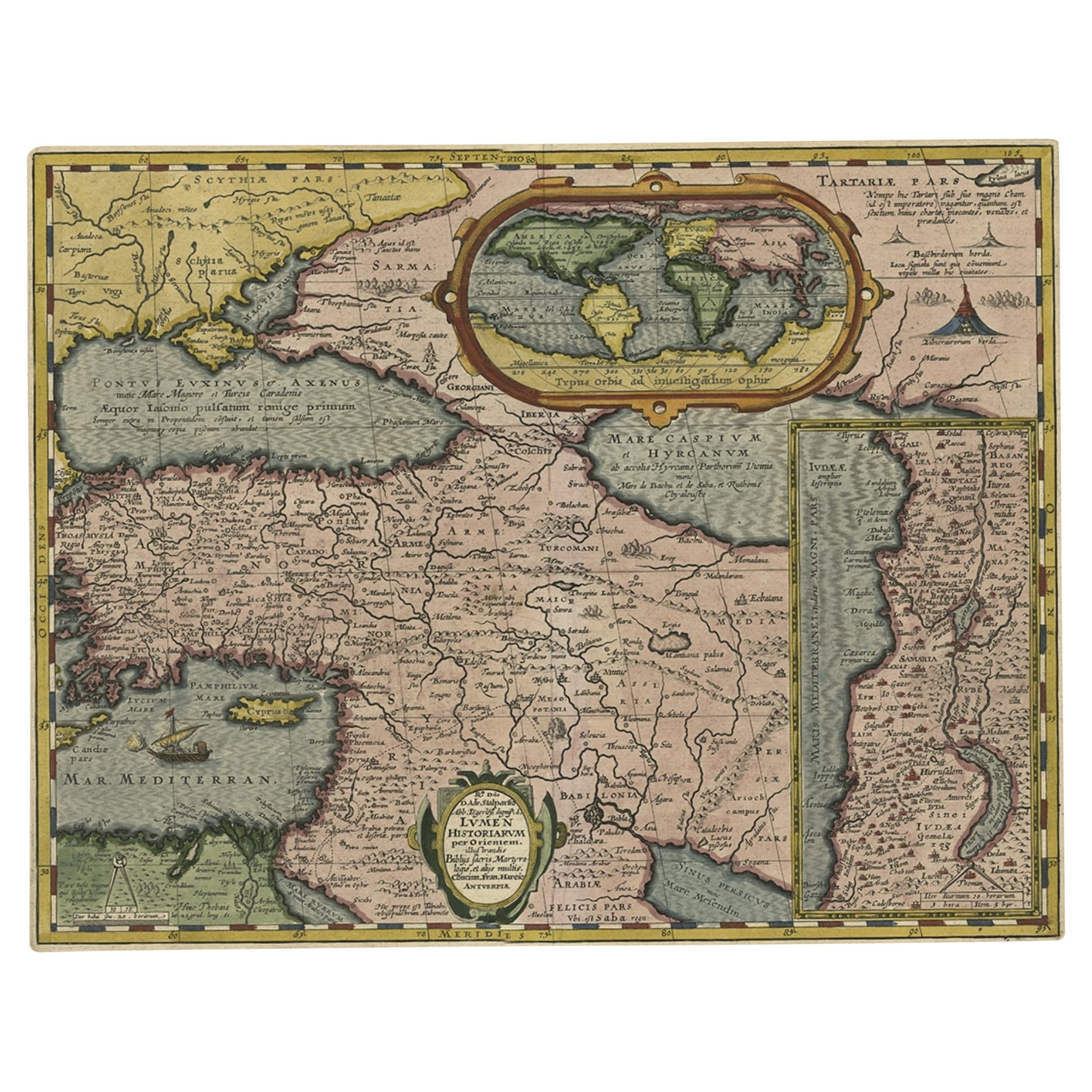 Scarce Antique Map of the Middle East, Surrounded by Latin Text, 1624 For Sale