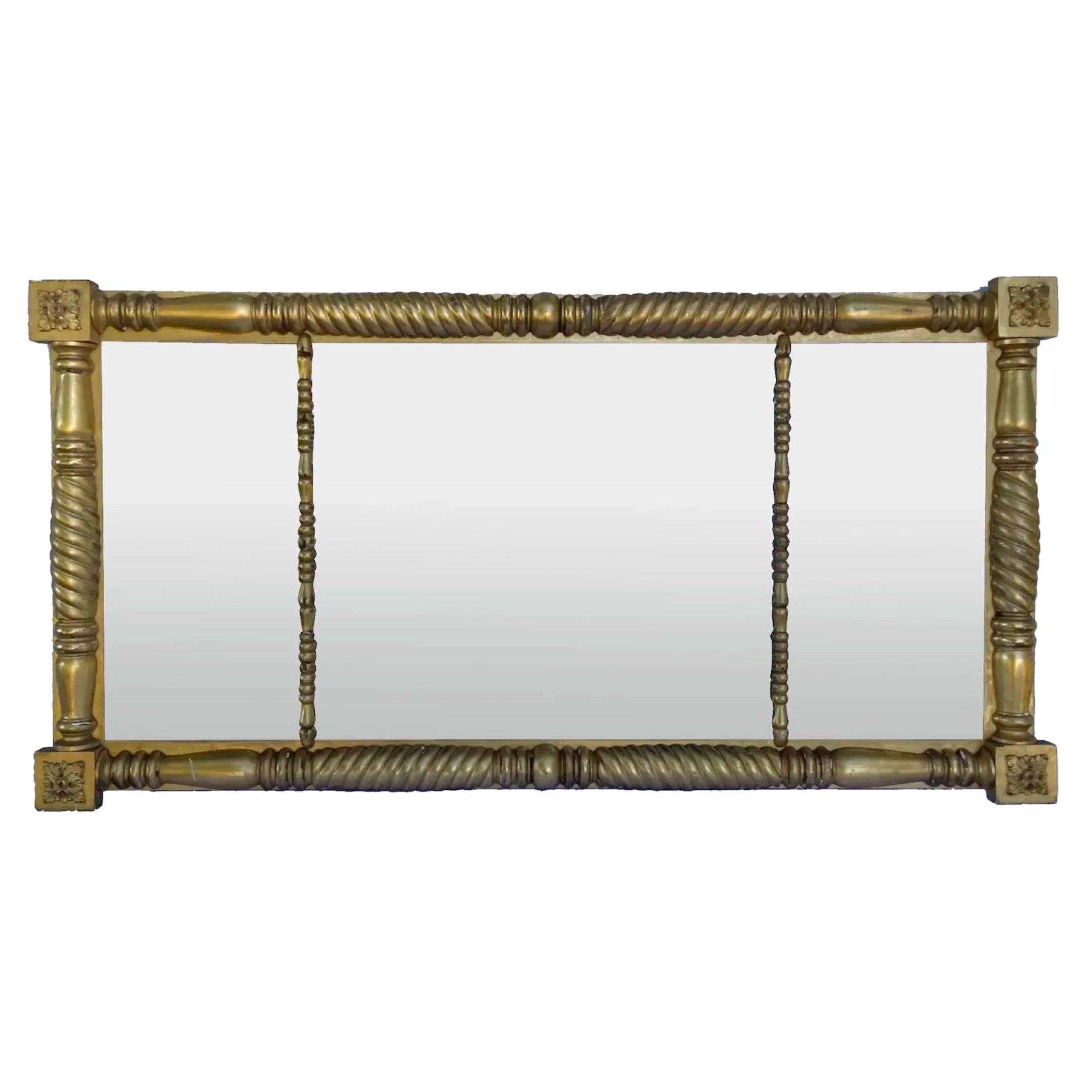 19th Century Large American Empire Gilt Wood Carved Overmantle Mirror ca. 1840