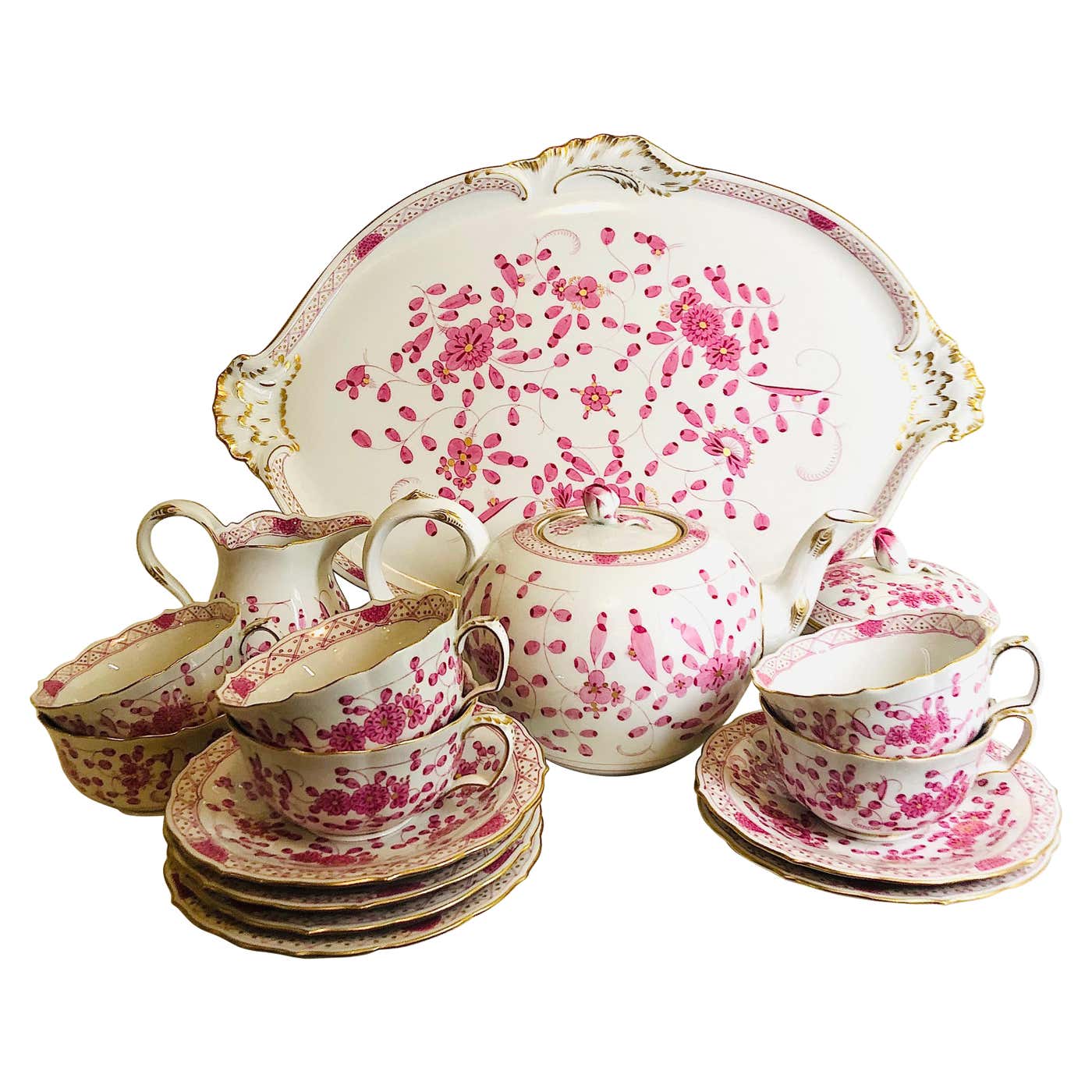 Meissen Purple Indian Tea Set With Six Cups and Saucers And Serving ...