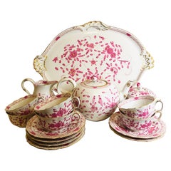 Service à thé indien violet de Meissen avec six tasses et soucoupes et plateau de service