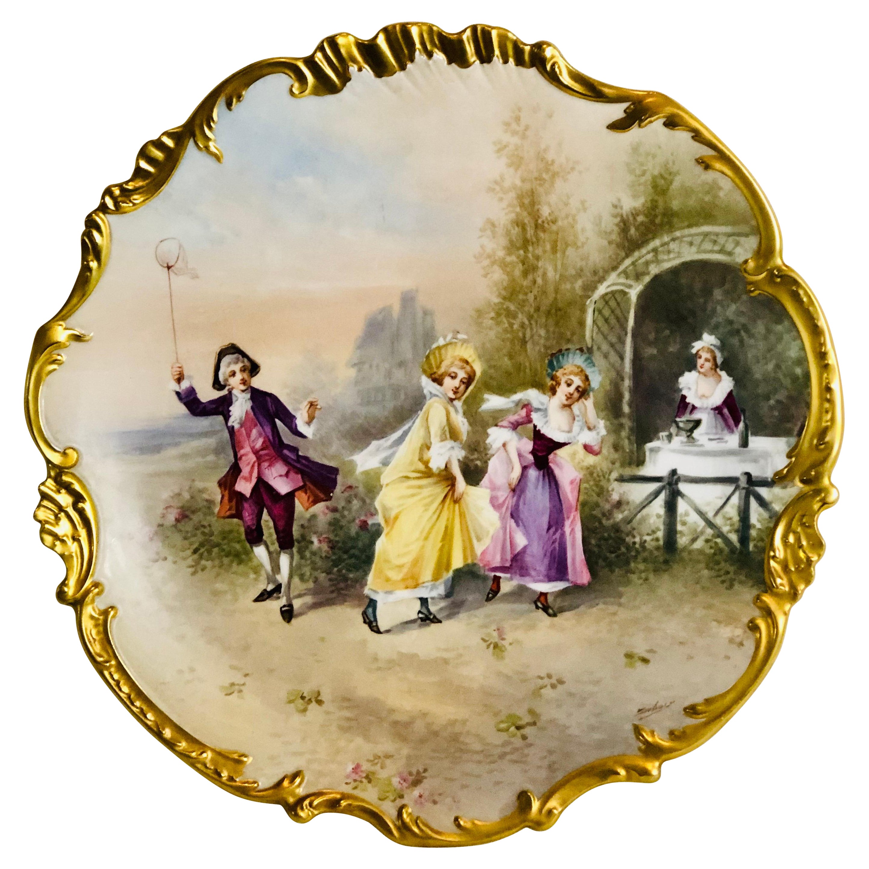 Limoges Francia Porcelana Placa Firmada Artista Dubois de Fiestas al Aire Libre