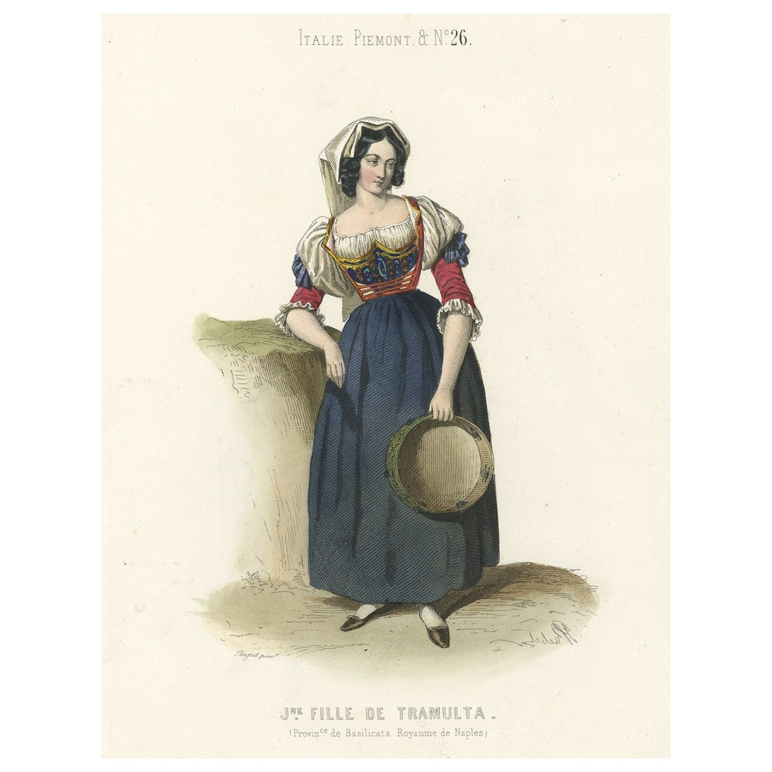 Old Hand-Colored Print Depicting a Young Lady from Tramulta, Italy, 1850 For Sale