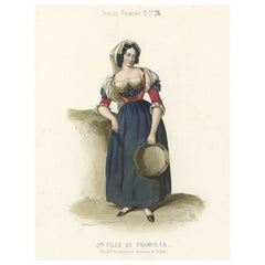 Old Hand-Colored Print Depicting a Young Lady from Tramulta, Italy, 1850