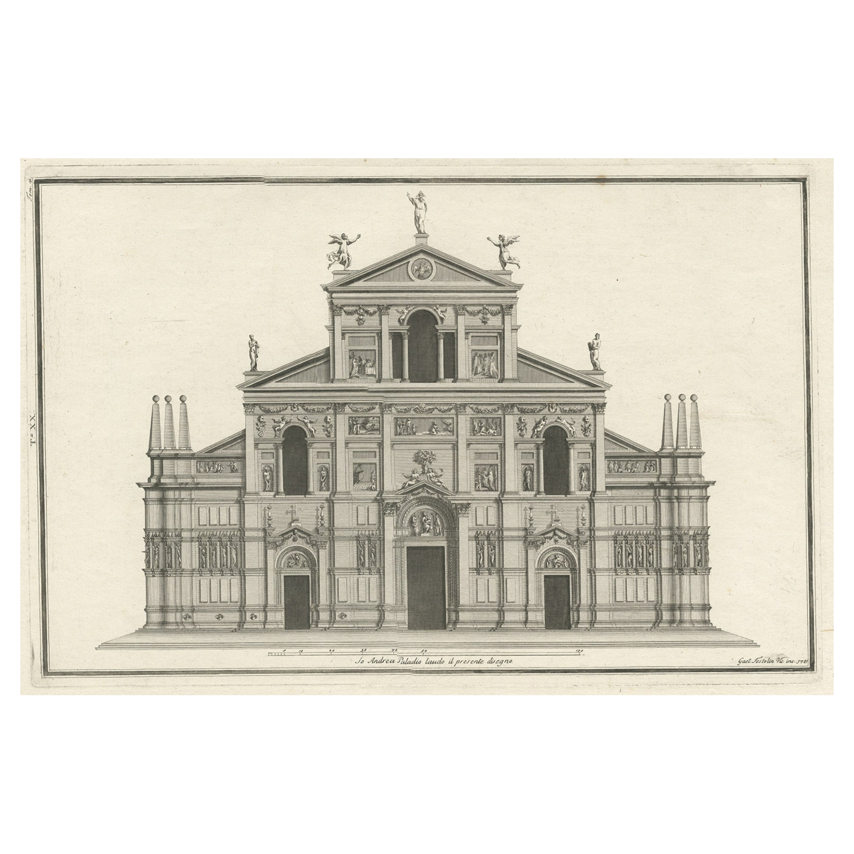 Old Print Showing the Facade of Basilica Di San Petronio in Bologna, Italy, 1783