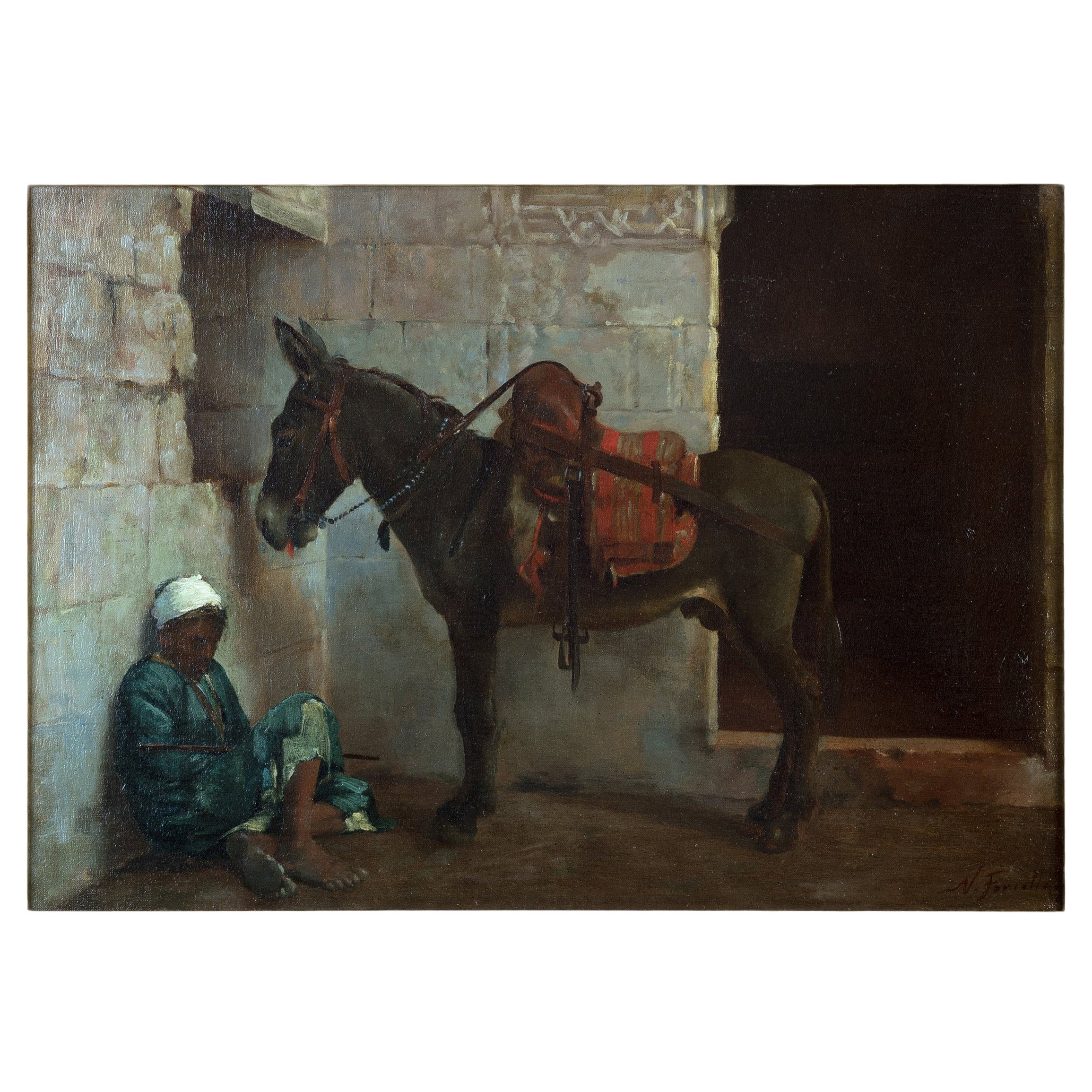 Fine Orientalist Painting of a Young Boy with Donkey by Nicola Forcella