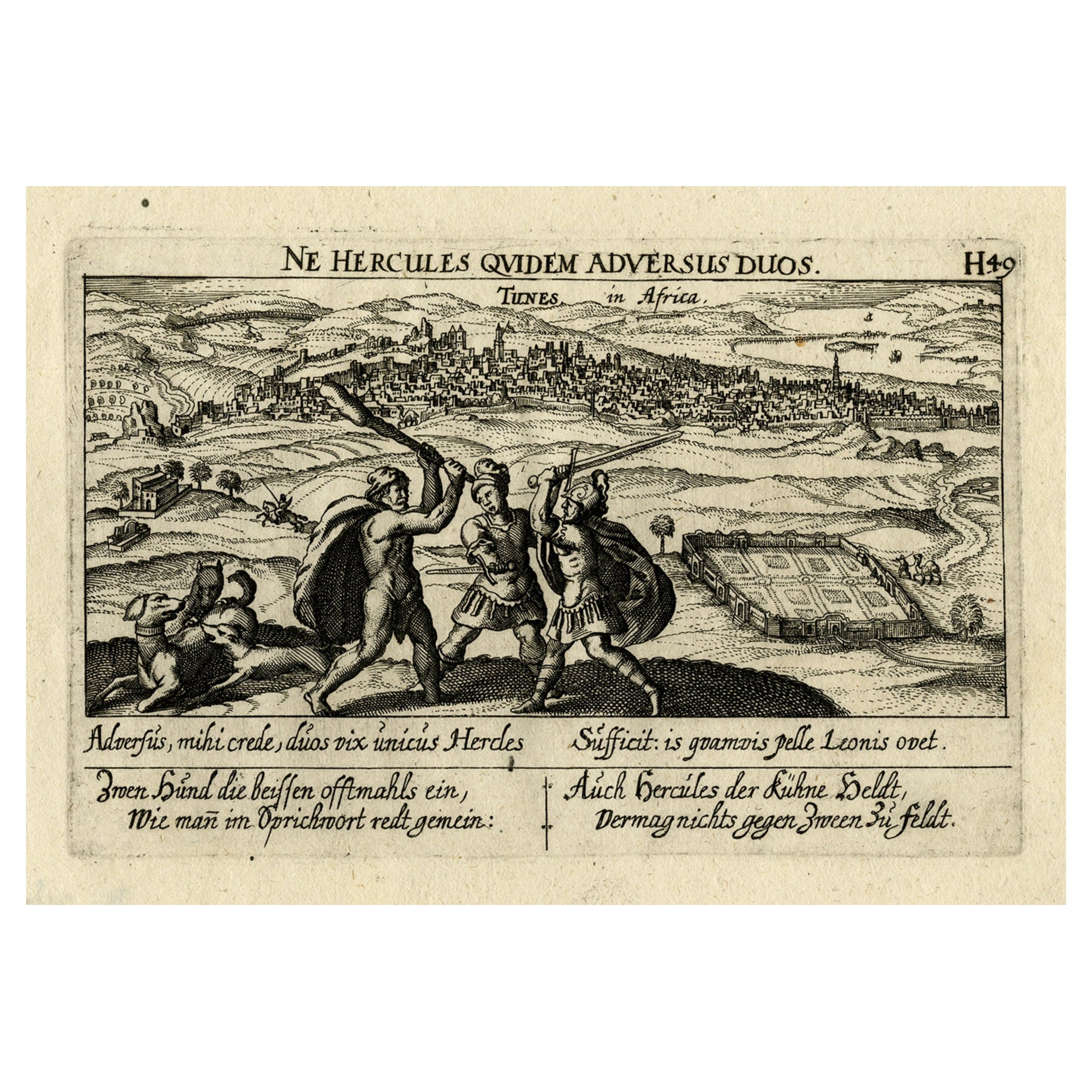 Old Print of Hercules Fighting Two Soldiers in Bustan Ras Tabia, Tunis, ca.1630 For Sale