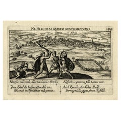 Antique Old Print of Hercules Fighting Two Soldiers in Bustan Ras Tabia, Tunis, ca.1630