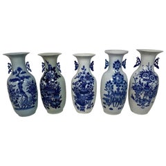 Collezione di cinque vasi in porcellana cinese bianca e blu